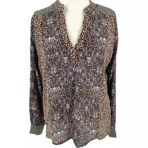 Allison Joy Womens Brown Pink Mixed Pattern V Neck Long Sleeve Blouse